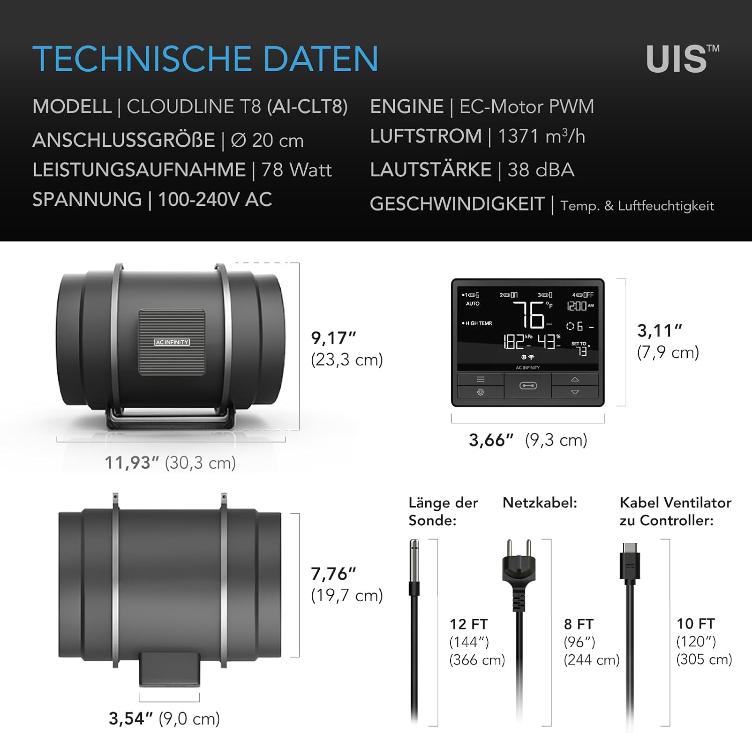 AC Infinity CLOUDLINE PRO T8 – Leises Inline-Lüftersystem 200 mm mit Temperatur-/Feuchtigkeits-VPD-Controller und App-Steuerung, für Grow-Zelte und Hydroponik
