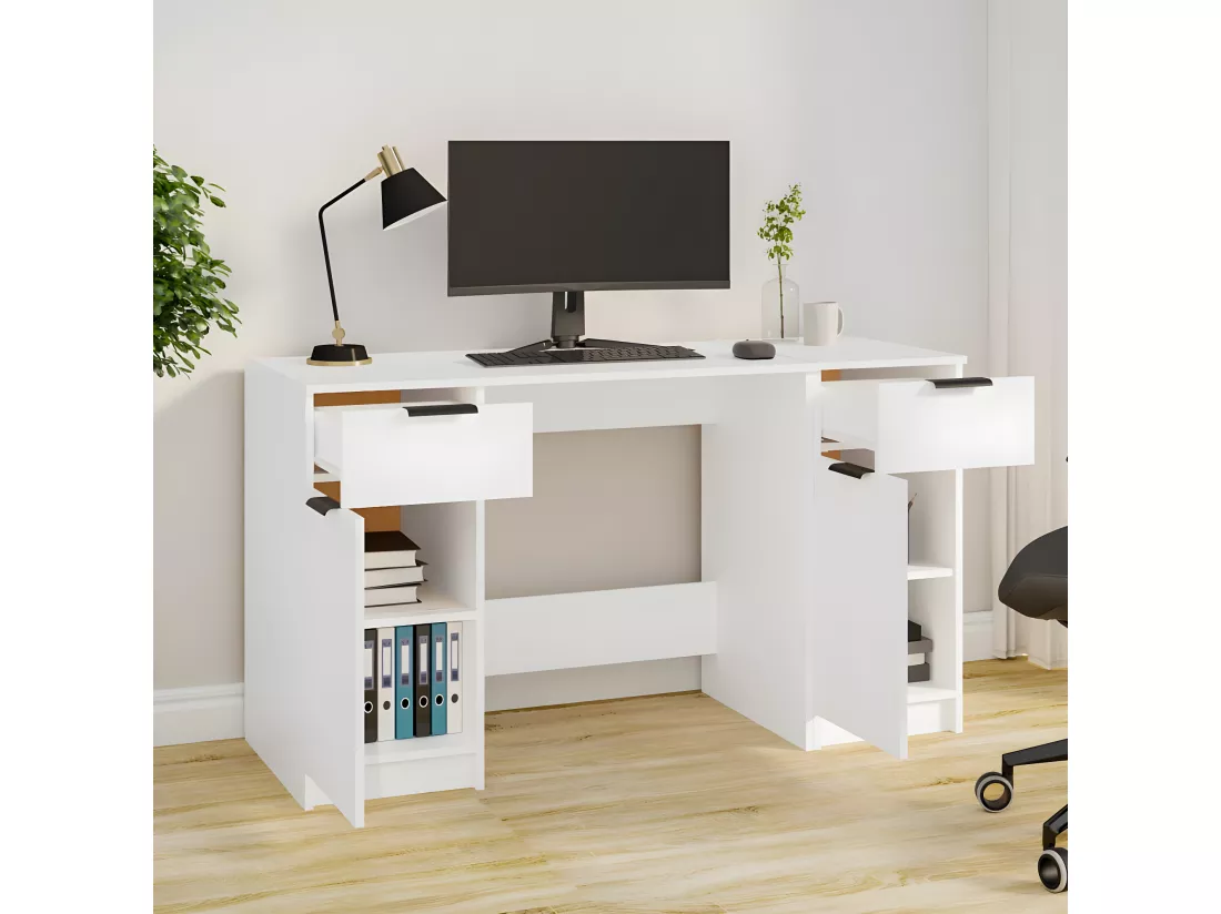 Bureau avec armoire latérale Blanc Bois d'ingénierie