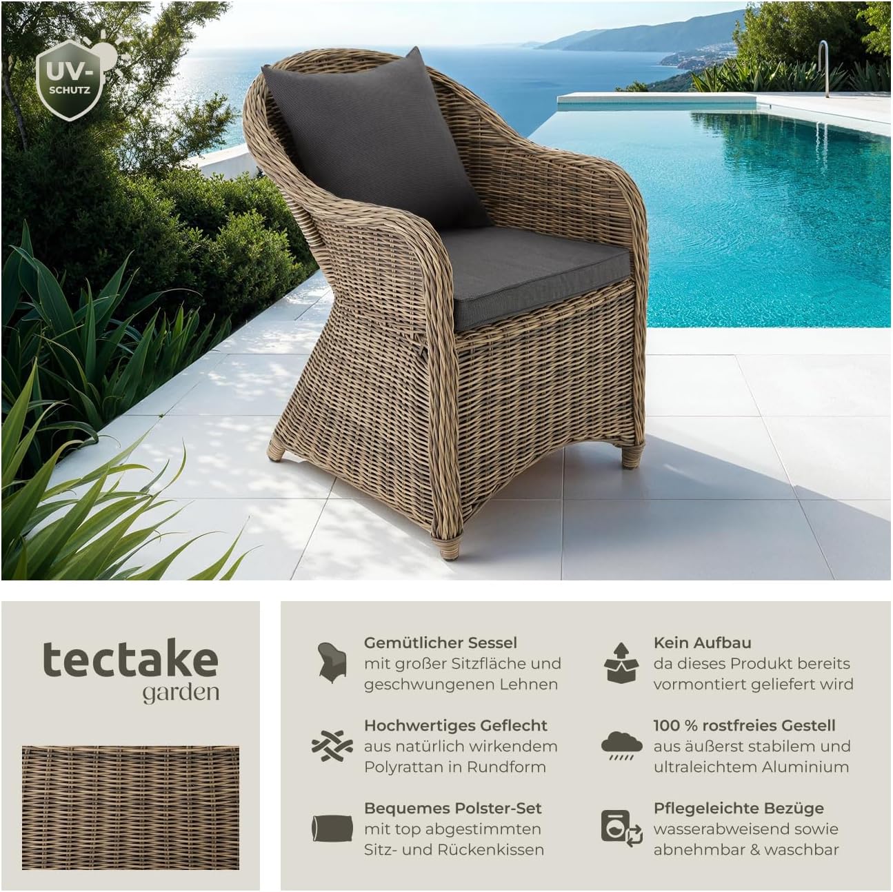tectake® Rattan Stuhl, Garten Sessel, Outdoor Korbsessel mit Rücken- und Sitzkissen, Möbel wetterfest, Gartenmöbel, Balkonmöbel, Wintergarten - Natur
