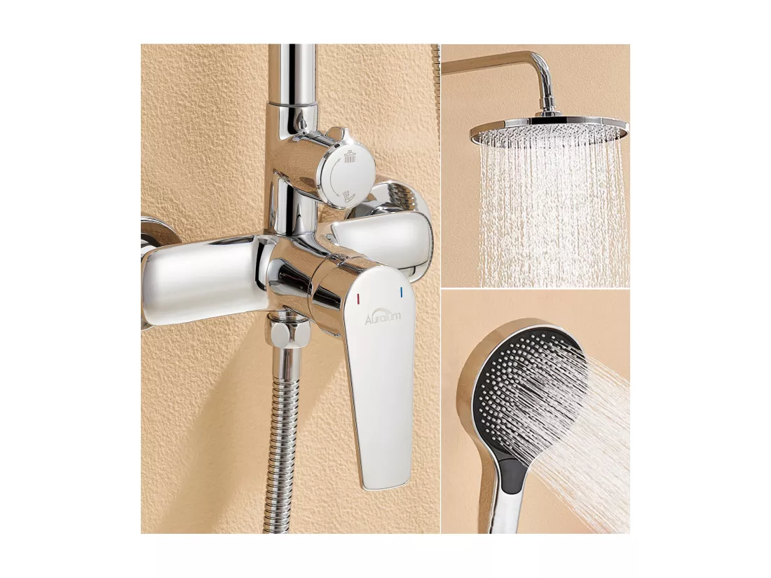Colonne de Douche Mécanique Chromé,Ensemble de Douche Ronde, Tête Douche10 Pouces,Douchette avec 3 Jets D'eau,Hauteur Réglable103-139 cm Salle Bain