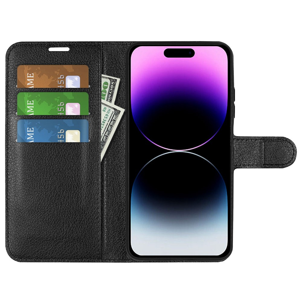 iPhone 15 Pro Max Leder Tasche Flip Cover Litchi Look - Schwarz