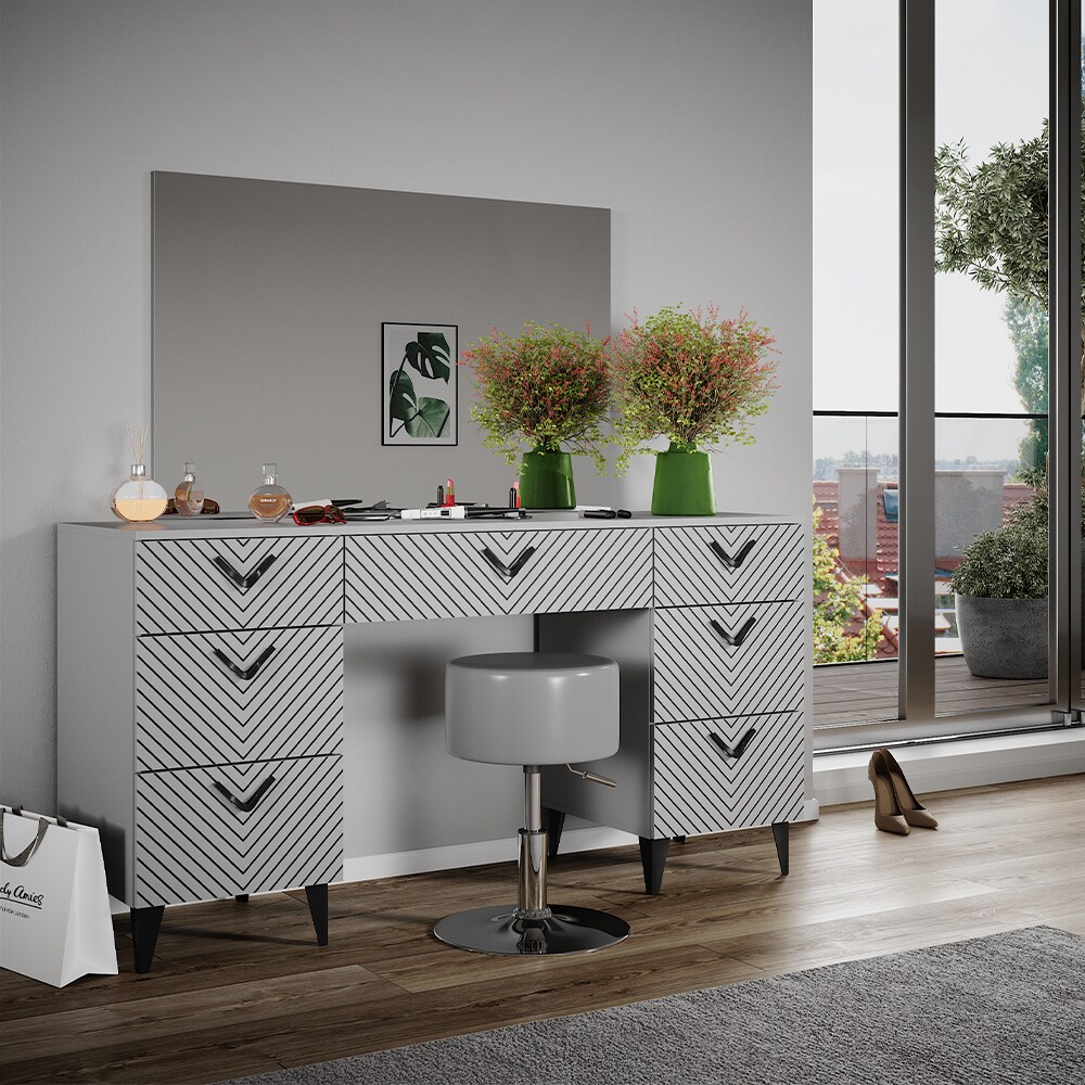 Vicco Schminktisch Anett Grau mit Spiegel und Hocker, 150 x 78 cm, Frisiertisch