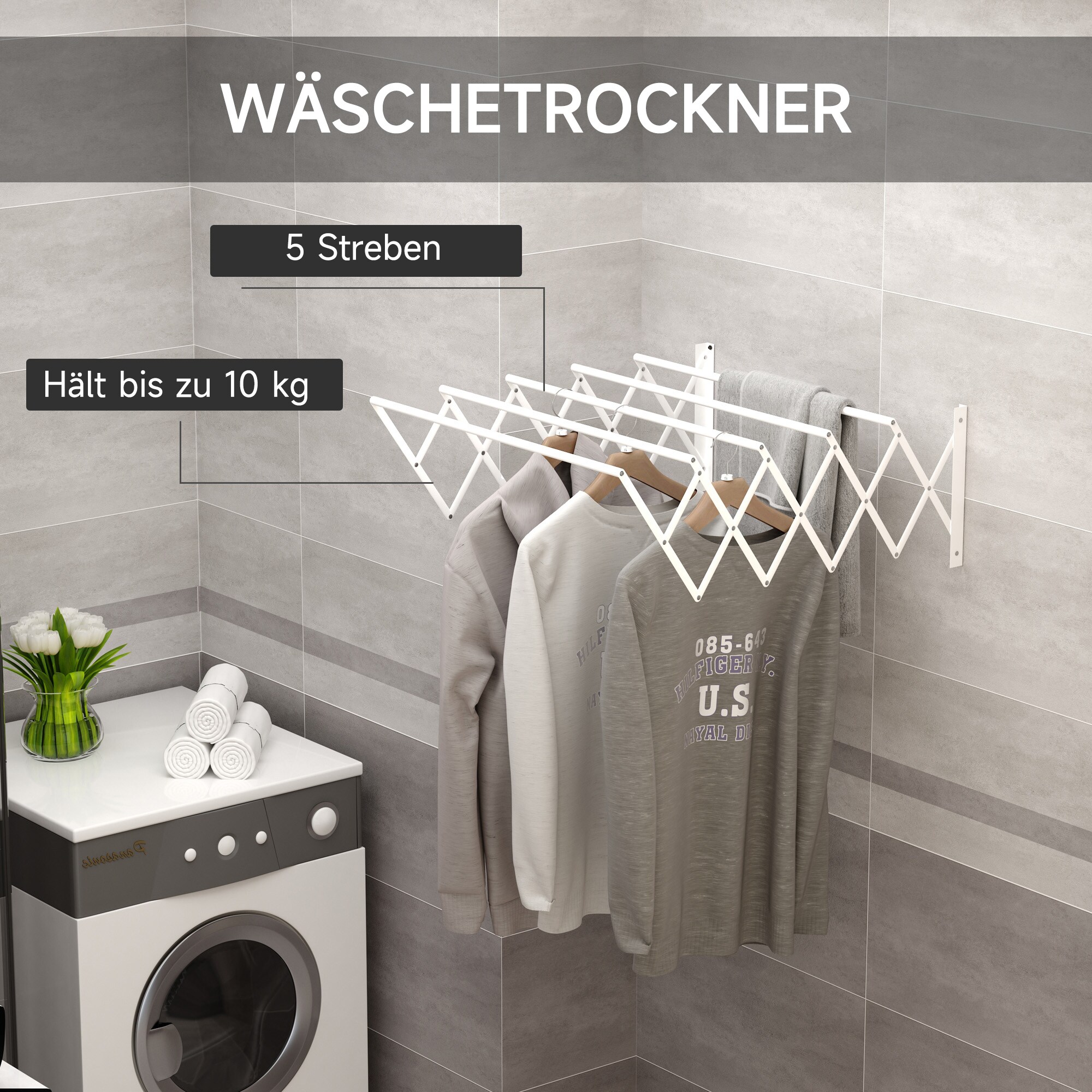 HOMCOM Wäscheständer mit Wandmontage und zusammenklappbar weiß 63,5L x 60B x 20H cm