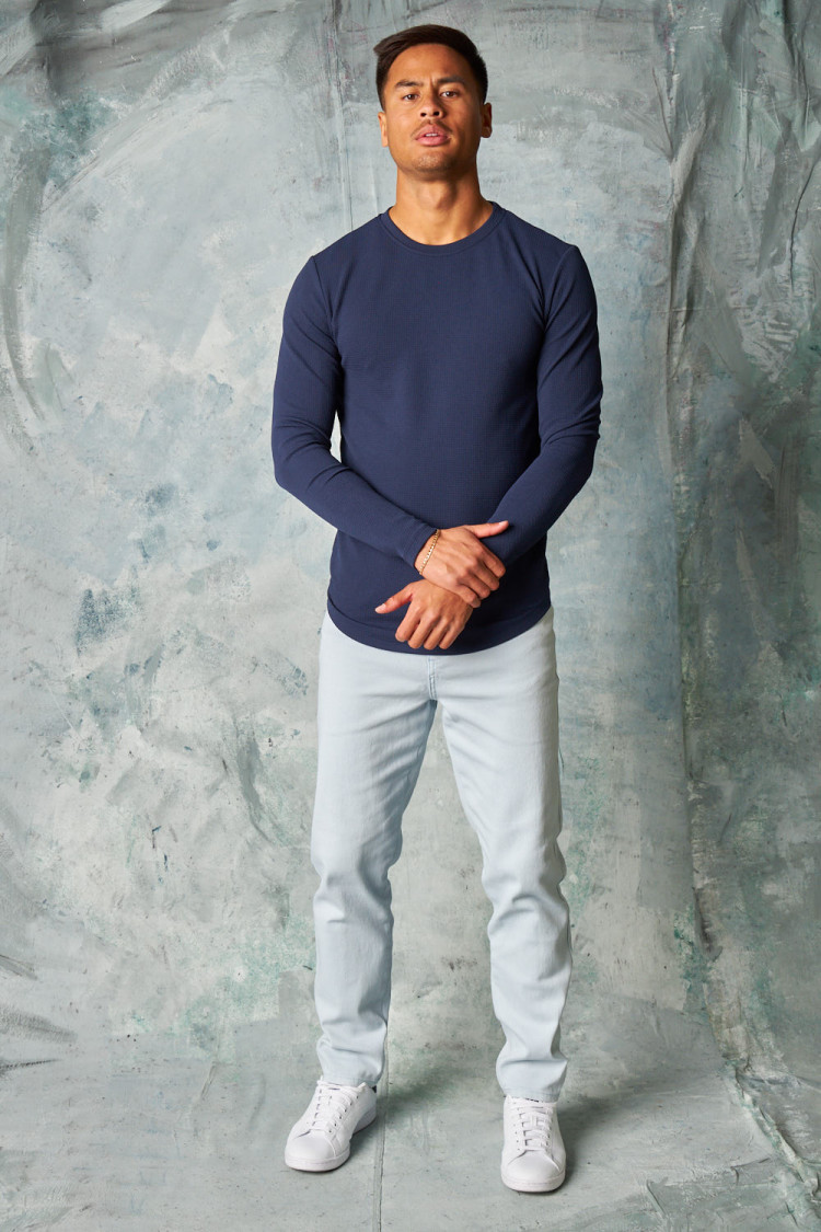 T-shirt manches longues texturé bleu foncé