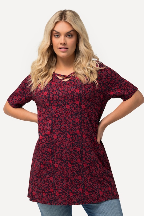 T-Shirt, Blüten, A-Linie, V-Ausschnitt, Halbarm
