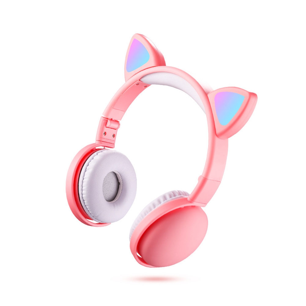 Faltbare Kinder Stereo Bluetooth 5.0 On-Ear Kopfhörer Headset mit Aux-In   leuchtende LED Katzenohren - Rosa