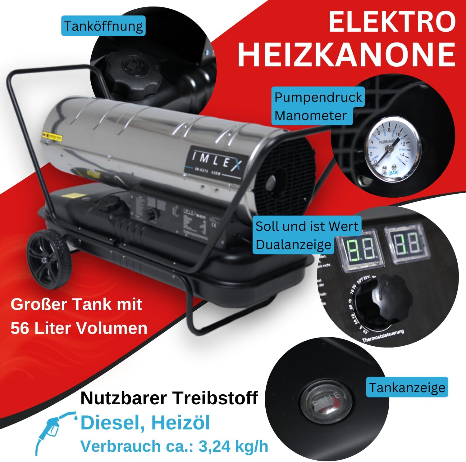 IMLEX Heizkanone 63 kW Diesel Ölheizer Bautrockner Bauheizer Heißluftgenerator Heizgebläse mit Thermostat 56L Tank Luftstrom 1200 m³/h Heizstrahler für Räume bis 610 m²