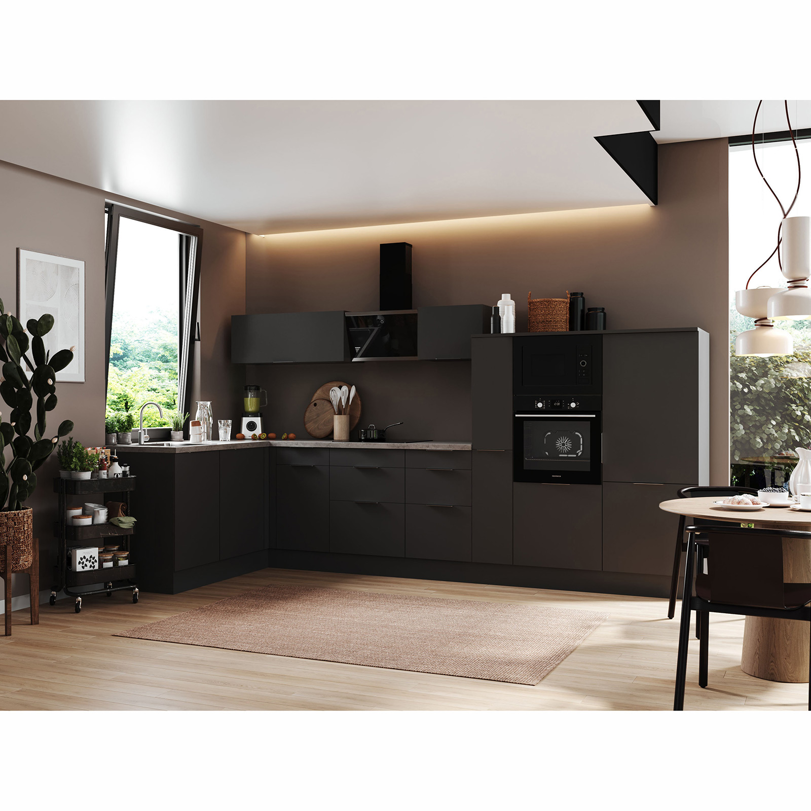 RESPEKTA Winkelküche - grau matt - mit E-Geräten - 370x175 cm