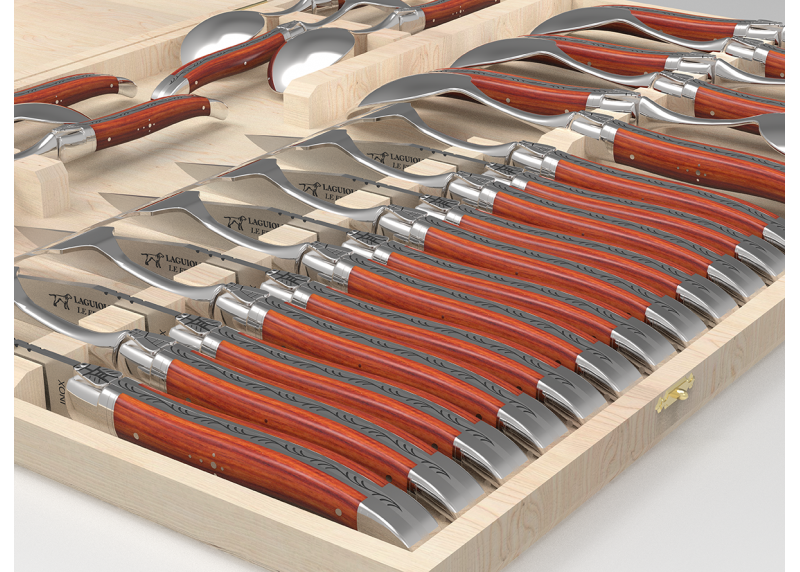 Service Laguiole de 24 pièces avec un manche en bois de rose et mitres en acier inoxydable