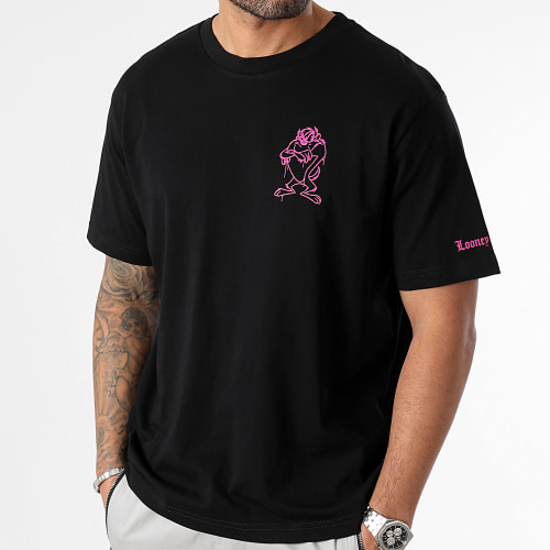 Tee Shirt Oversize Large Sleeve Angry Taz Noir Rose Fluo
