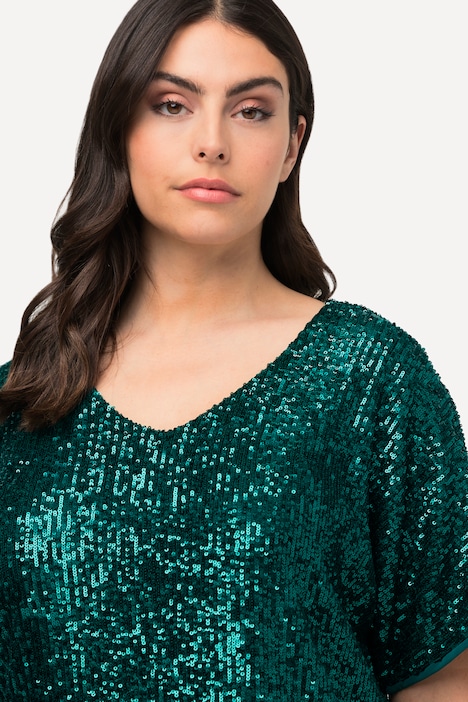 Pailletten-Shirt, Oversized, V-Ausschnitt, Halbarm