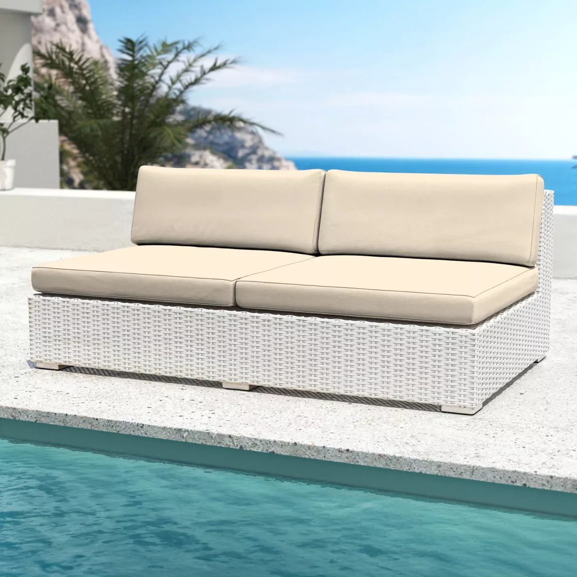 Chauffeuse de jardin en résine tressée 2 places Palma Blanc et beige