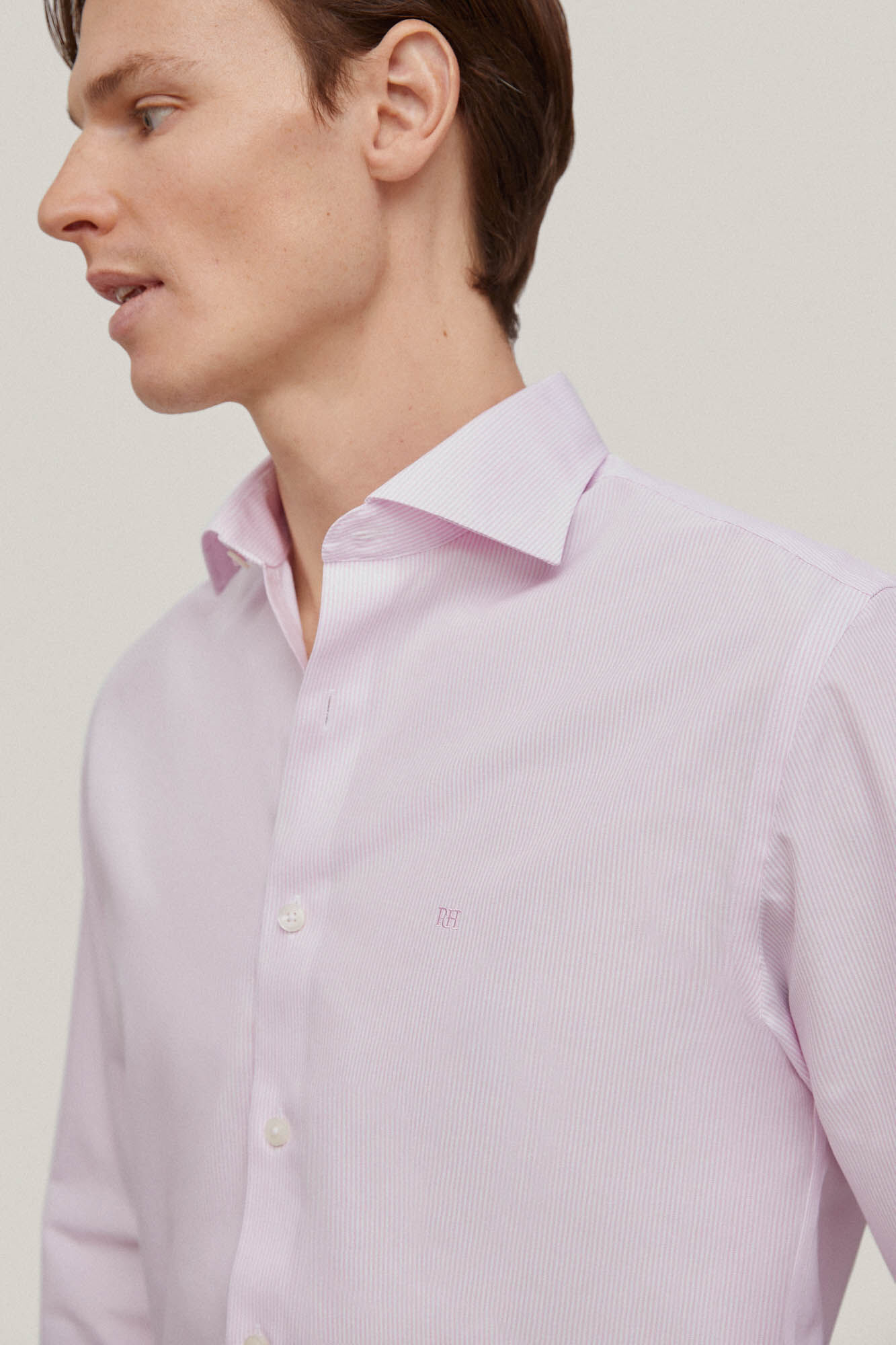Camisa social listrada fina que não precisa passar + antimanchas - Rosa