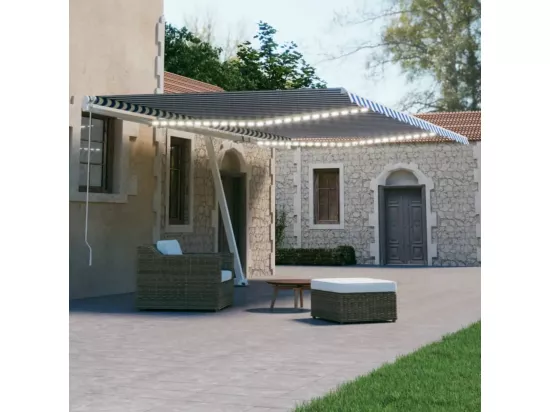 Auvent automatique capteur de vent/LED 500x300 cm Bleu et blanc
