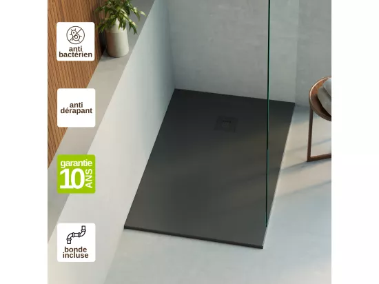 Receveur de Douche Extraplat THOR Noir 100x80x3cm - Texture Ardoise 75% Minéral, Antidérapant, Antibactérien, LAVABERG