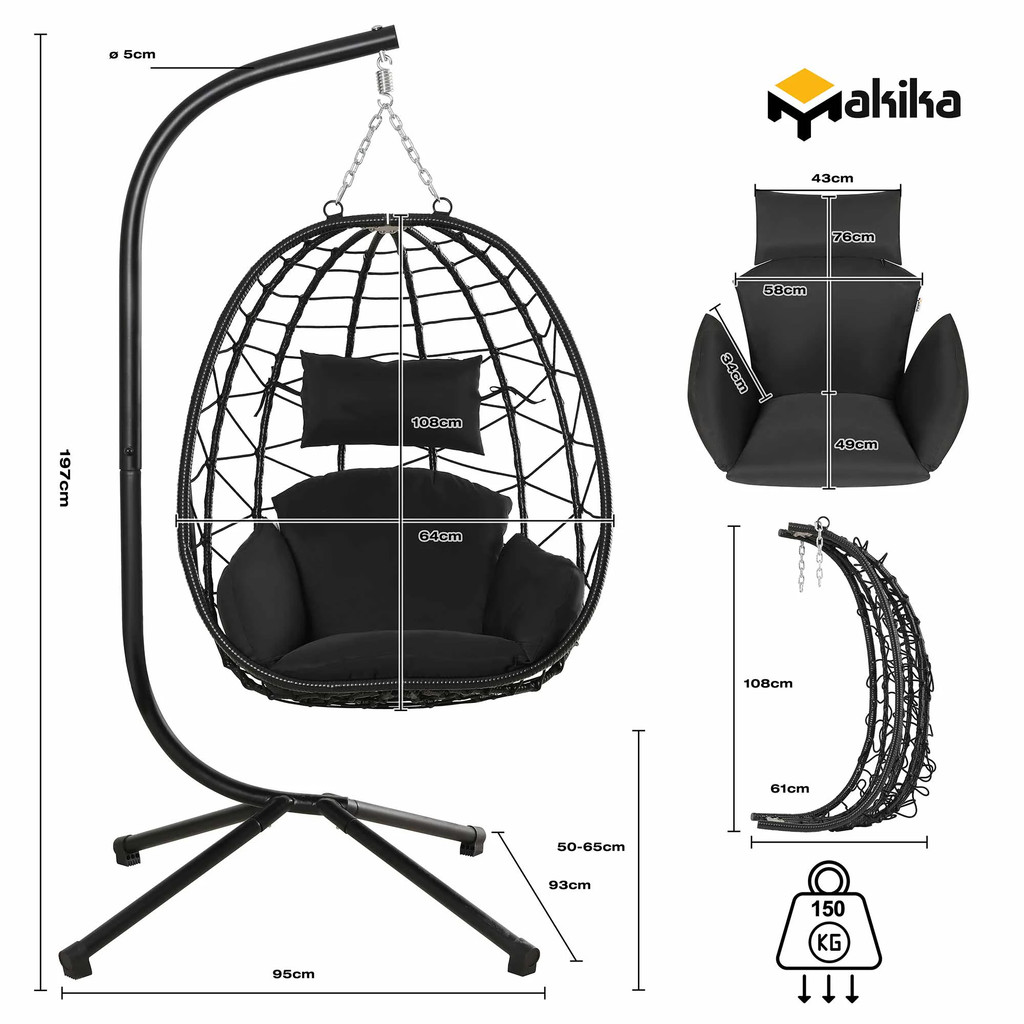 Makika Hängesessel mit Gestell höhenverstellbar aus Polyrattan in Schwarz