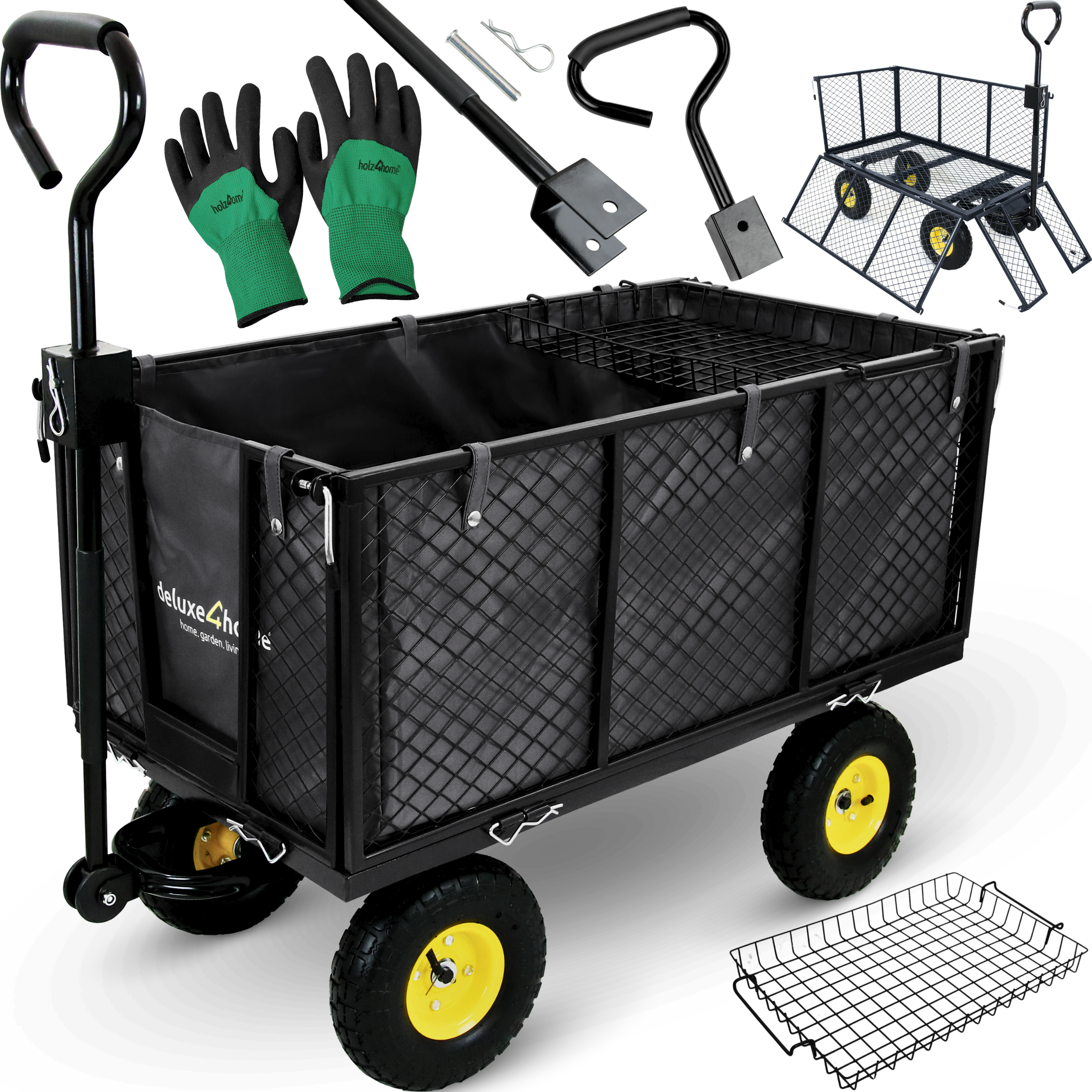 deluxe4home® Bollerwagen | Transportwagen inkl. Handschuhe | Schwarz