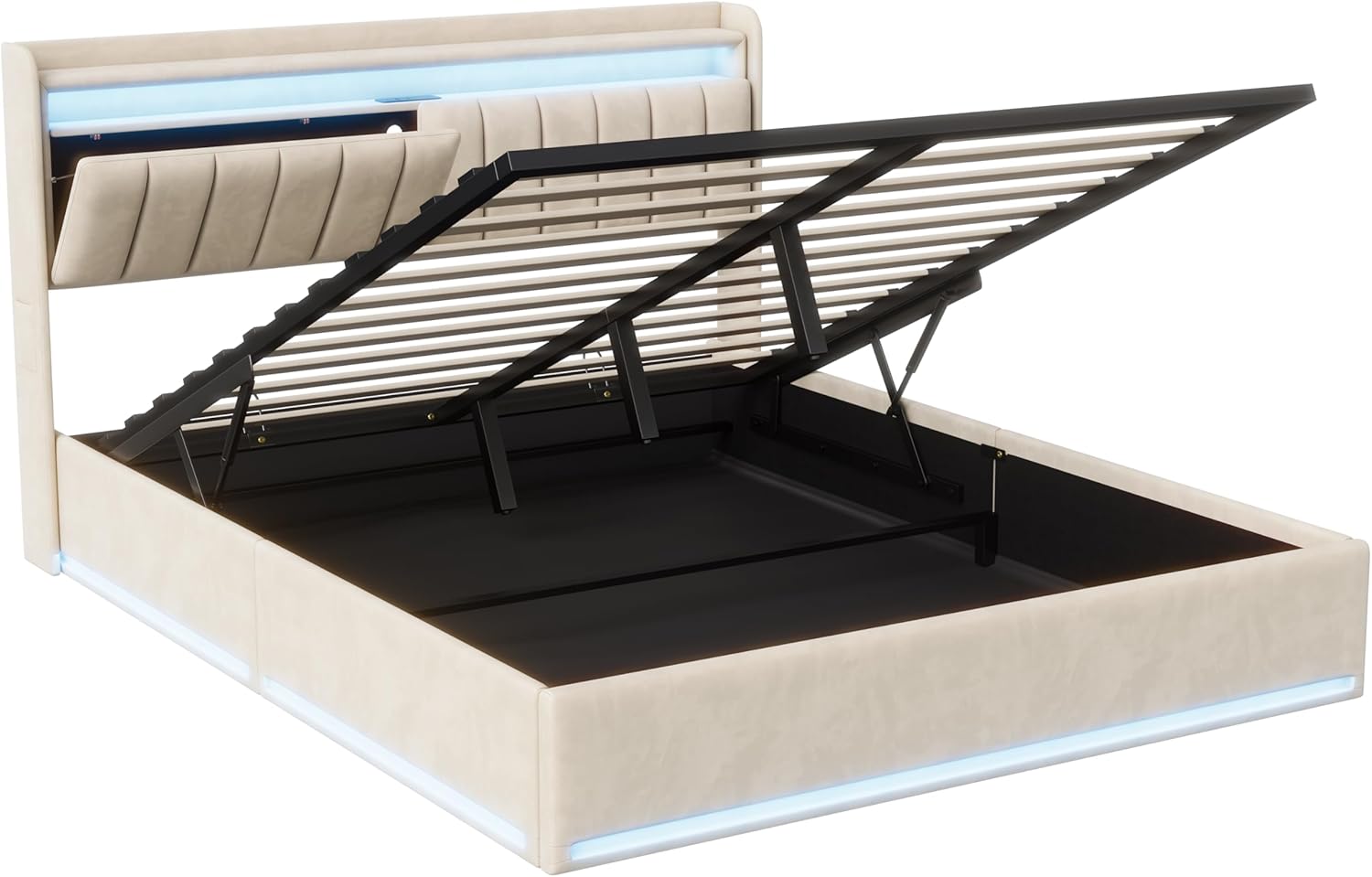 Polsterbett 140x200 mit Stauraum, Doppelbett mit LED/USB, Hydraulisch Stauraumbett, Jugendbett mit kopfteil und Lattenrost, Bettrahmen für Erwachsene, Samt (Beige, 140 x 200 cm)