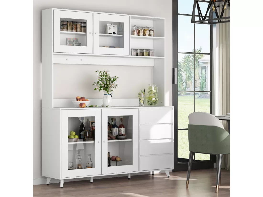 Buffet de cuisine Armoire verre haute Armoire de cuisine Plan de travaille Compartiment ouverts 4 portes 4 Tirois Blanc 160x40x190cm
