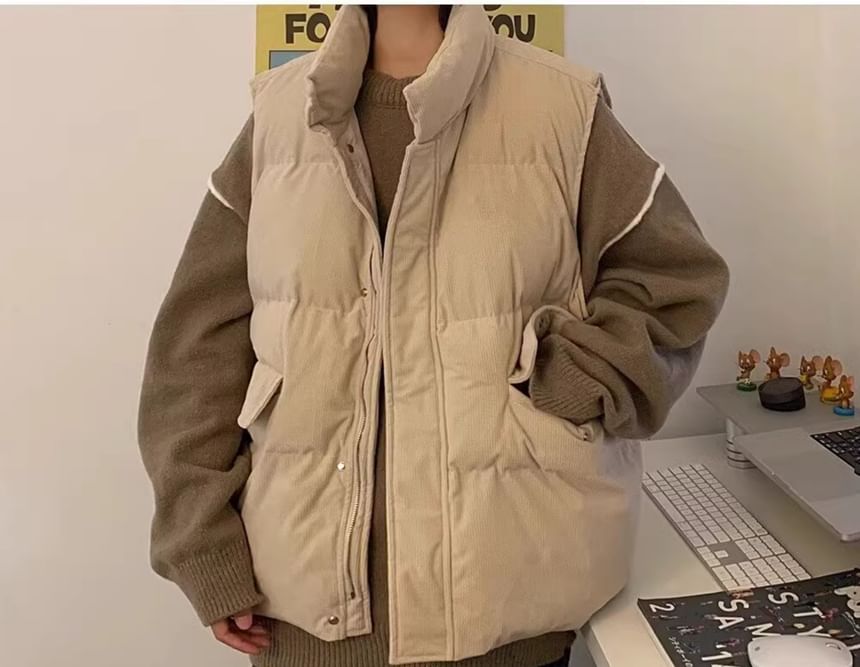 Real Boy - Corduroy opstaande kraag effen gewatteerd vest met rits en knopen