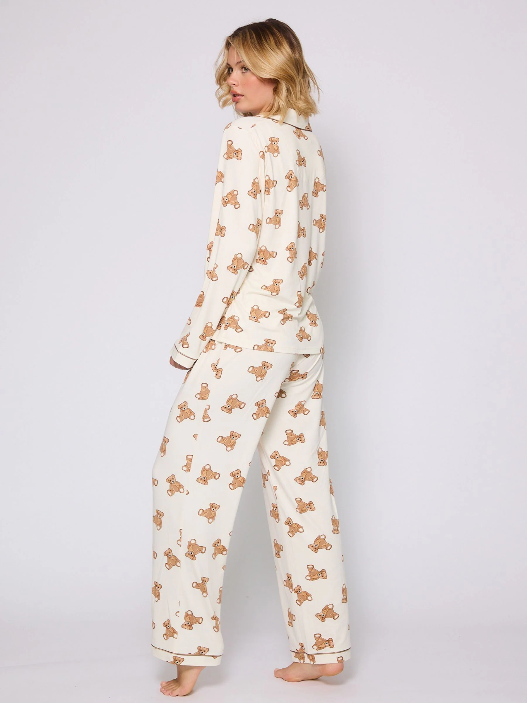 Loungeable Teddy Bear Print Soft Long Button Through Pyjama Set