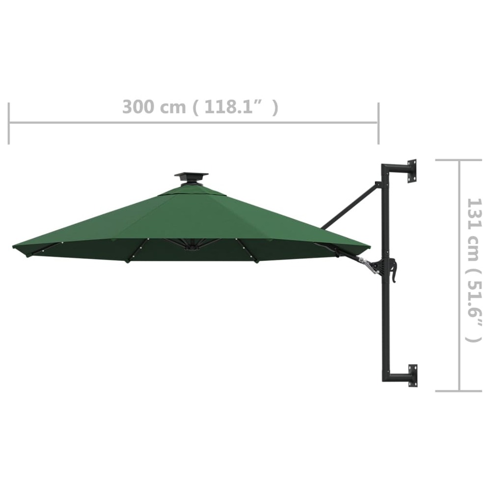 Parasol mural avec mât métallique et led 300 cm vert
