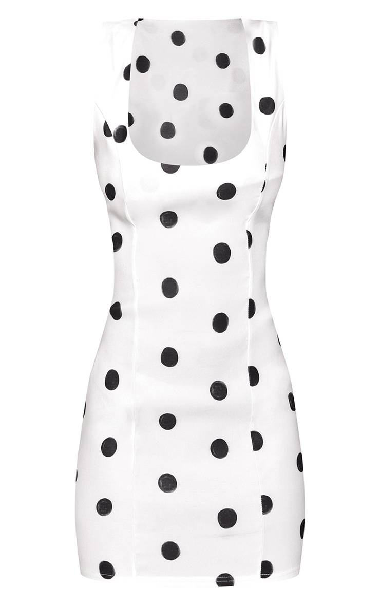 Blanc Robe Moulante À Encolure Dégagée En Tissu Tissé Extensible À Pois