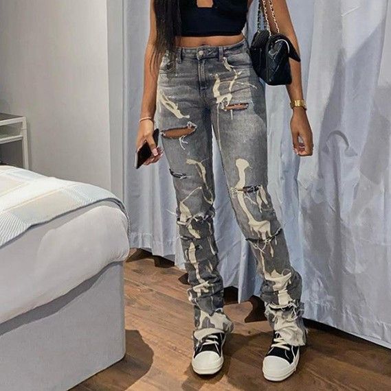 Kobeque - High Rise Splatter Print Distressed Straight Leg Jeans