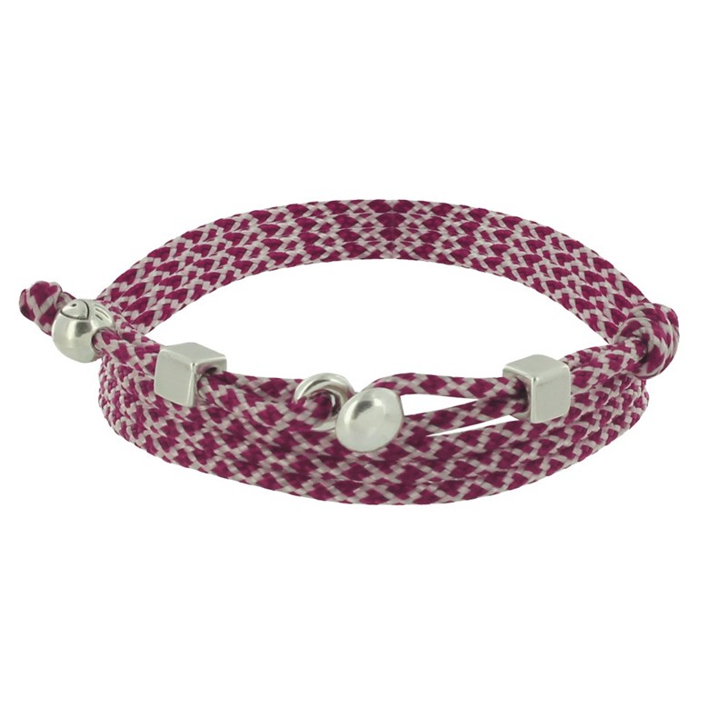 Bracelet Homme Métal Argenté Cubes Fermoir Bouton et Lien en Paracorde - Bordeaux
