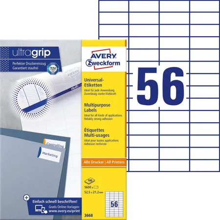Avery Zweckform 3668 Universal-Etiketten,A4 mit ultragrip,52,5 x 21,2 mm, 100 Bogen/5.600 Etiketten, weiß