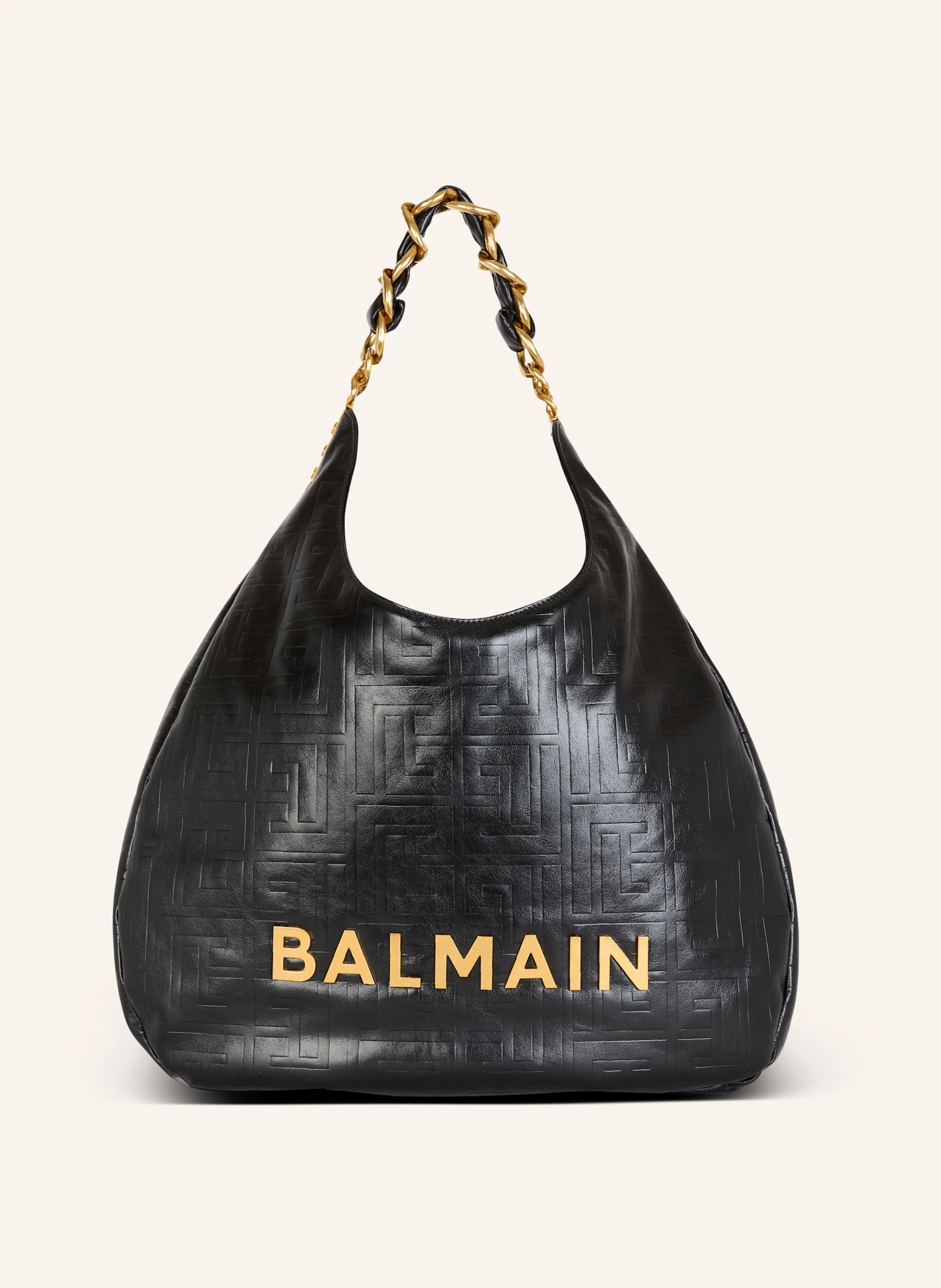 BALMAIN Große Tasche 1945 Soft Hobo aus geknittertem Kalbsleder mit PB Labyrinthe-Monogramm-Prägung