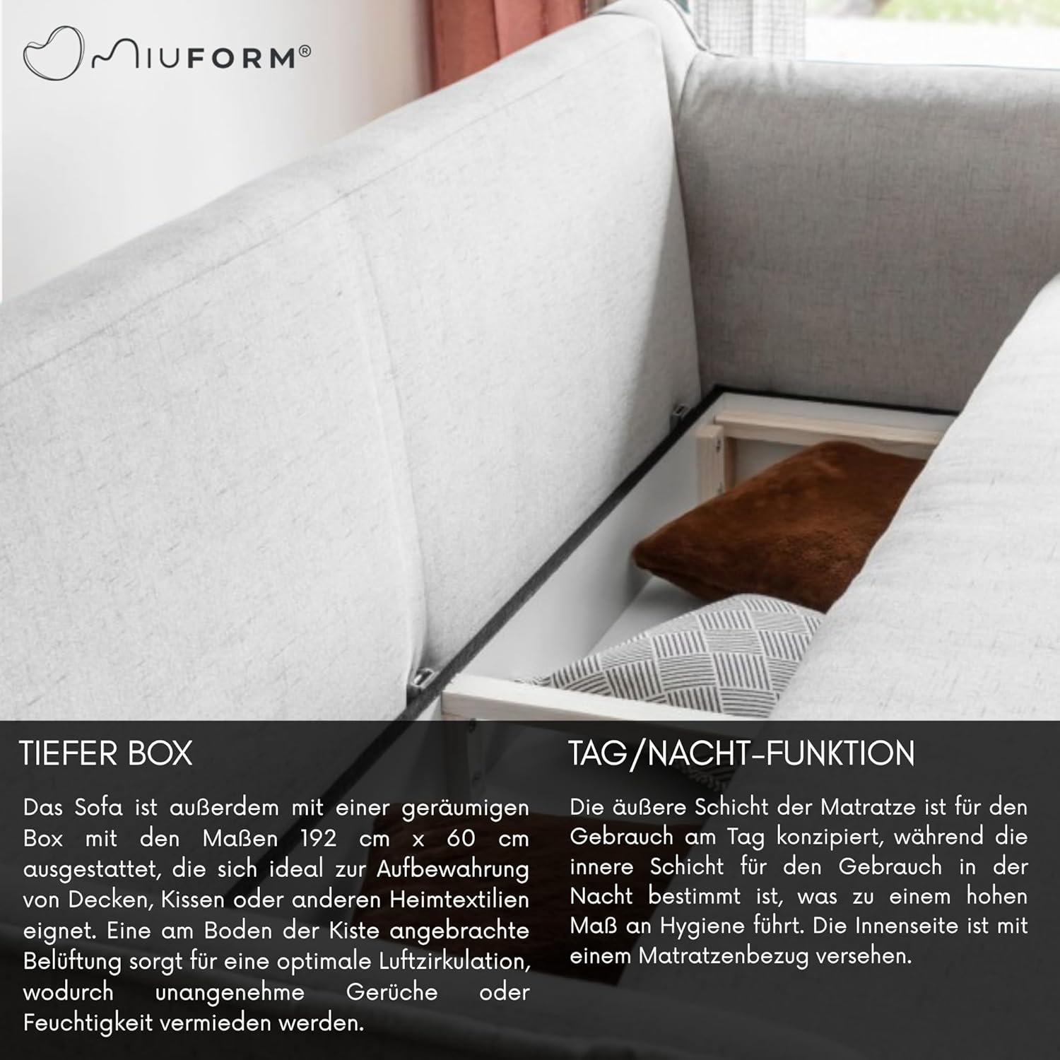 MIUFORM Charming Charlie Slim mit Bettkasten und mit Bettfunktion | 3 Sitzer Sofa | 225 x 90 x 85cm | Klappsofa mit Schlaffunktion | Schlafsofa klappbar (Beige)