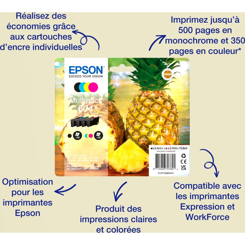 Pack Epson 604XL de 4 cartouches 1 noir et 3 couleurs pour imprimante jet d'encre