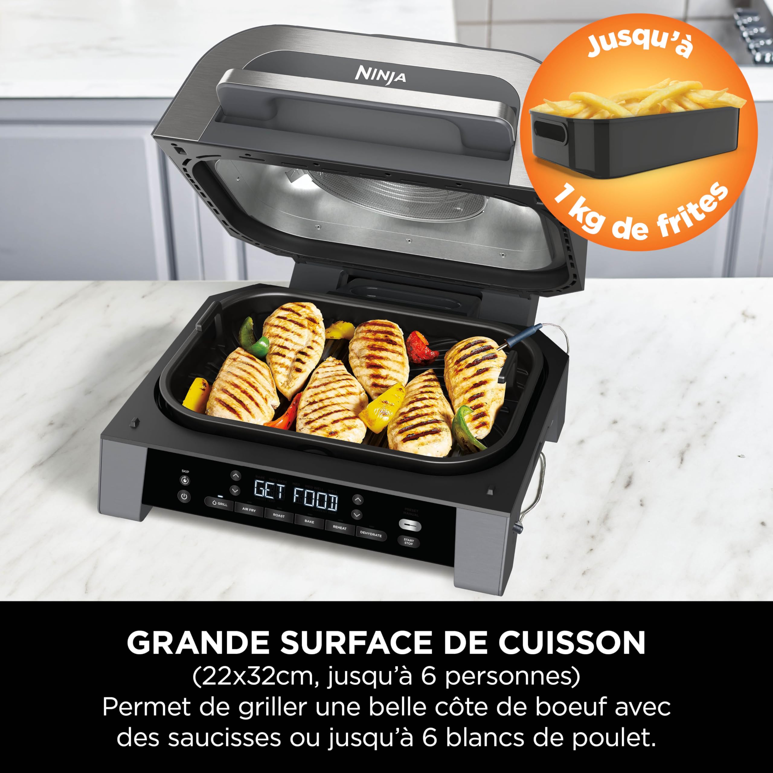 Ninja MAX 6-en-1 Grill d’intérieur et friteuse sans huile, 6 modes, cuit jusqu’à 6 hamburgers, capacité 3,8 l, faible dégagement de fumée, thermomètre