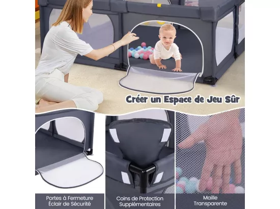 Grand Parc Bébé avec 50 Balles Océaniques, avec 4 Anneaux à Main, Centre d'Activités pour Bébé avec Maille Respirante, 189 x 158 x 68 CM (Gris Foncé)