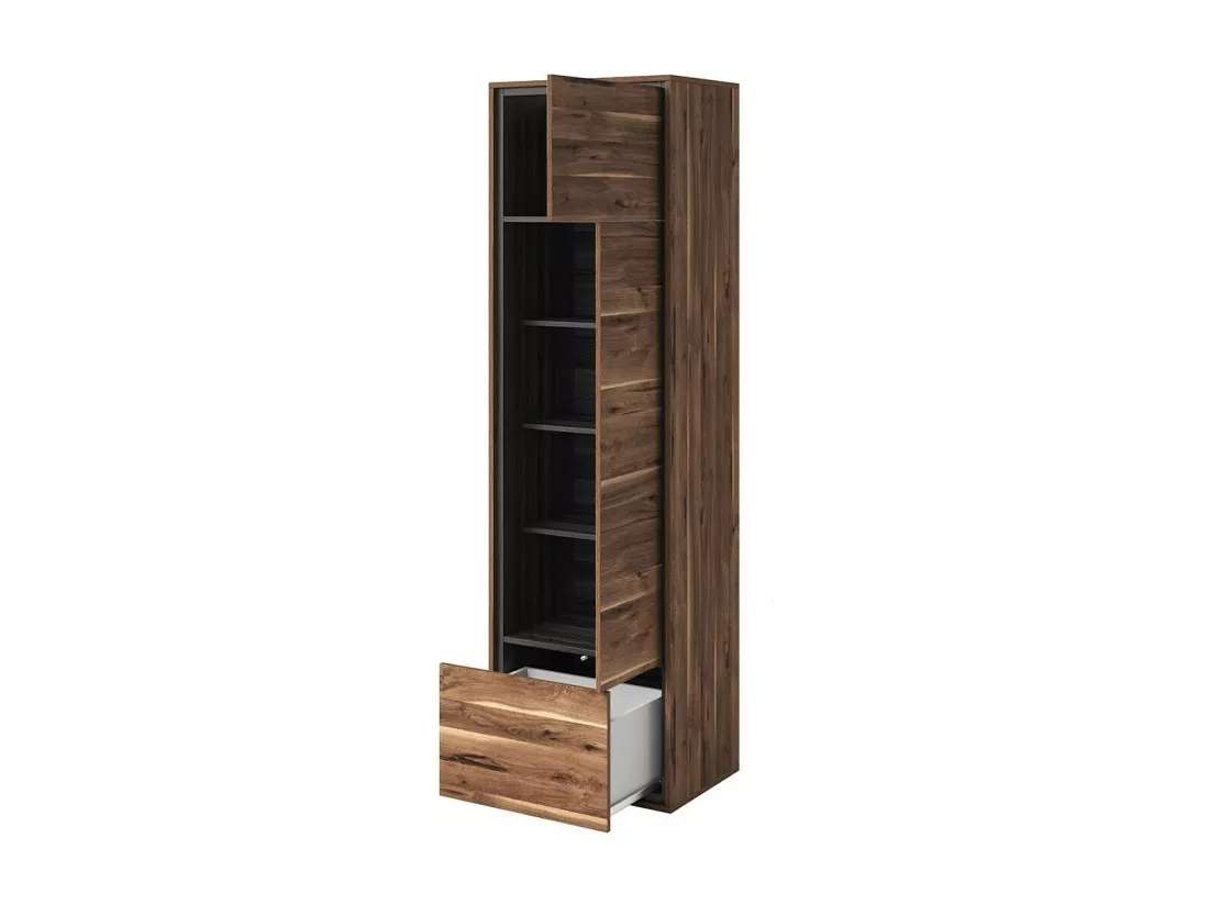 Vitrine haute design avec 1 porte, 1 tiroir et 4 niches apparentes collection SILVA coloris chêne et gris