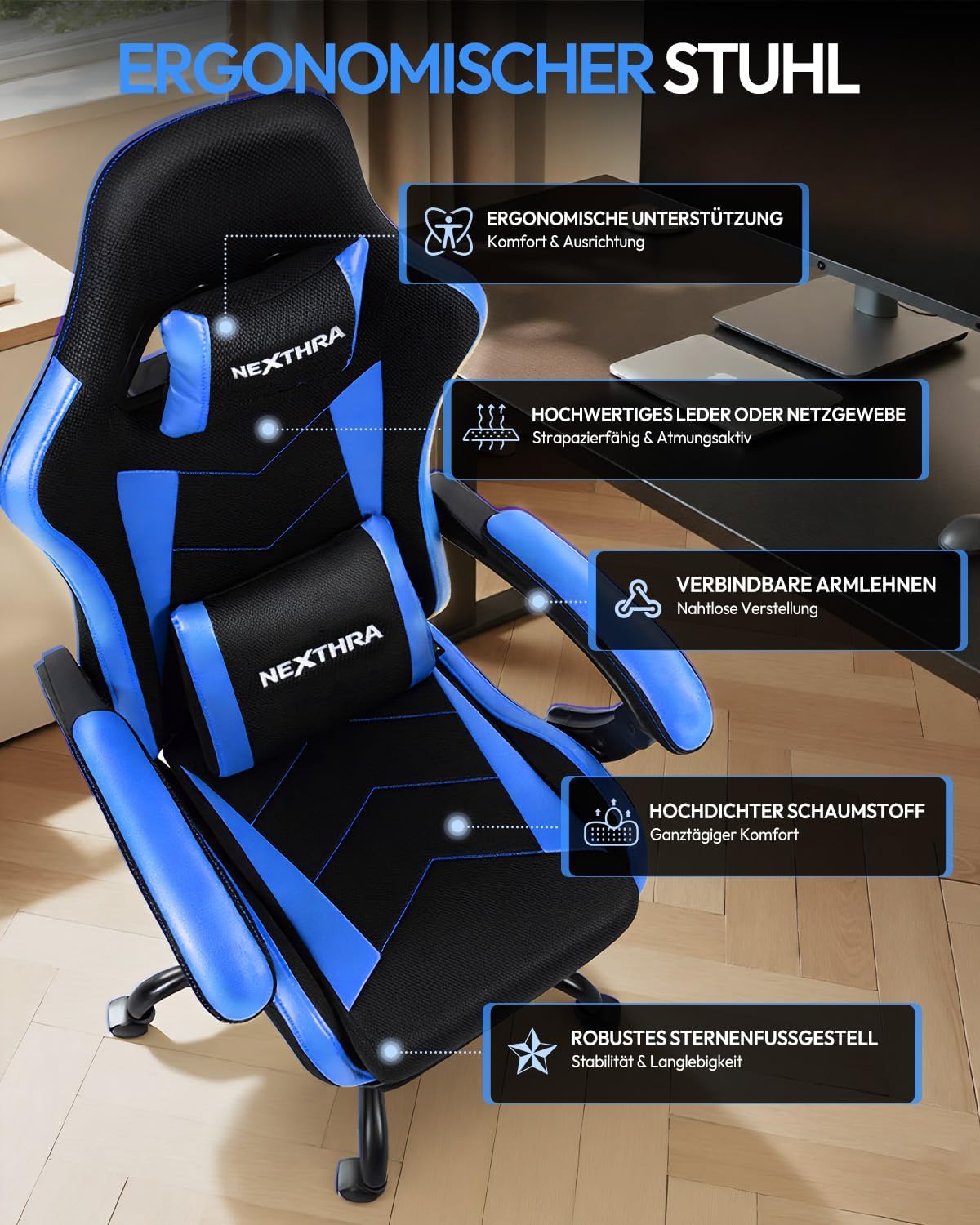 Nexthra Gaming Stuhl Bürostuhl Gaming Sessel mit höhenverstellbaren Linkage-Armlehnen, ergonomischer Gamer Stuhl mit Fußstütze, gepolstert Gaming Chair 150° neigbar bis 180 kg, Blau