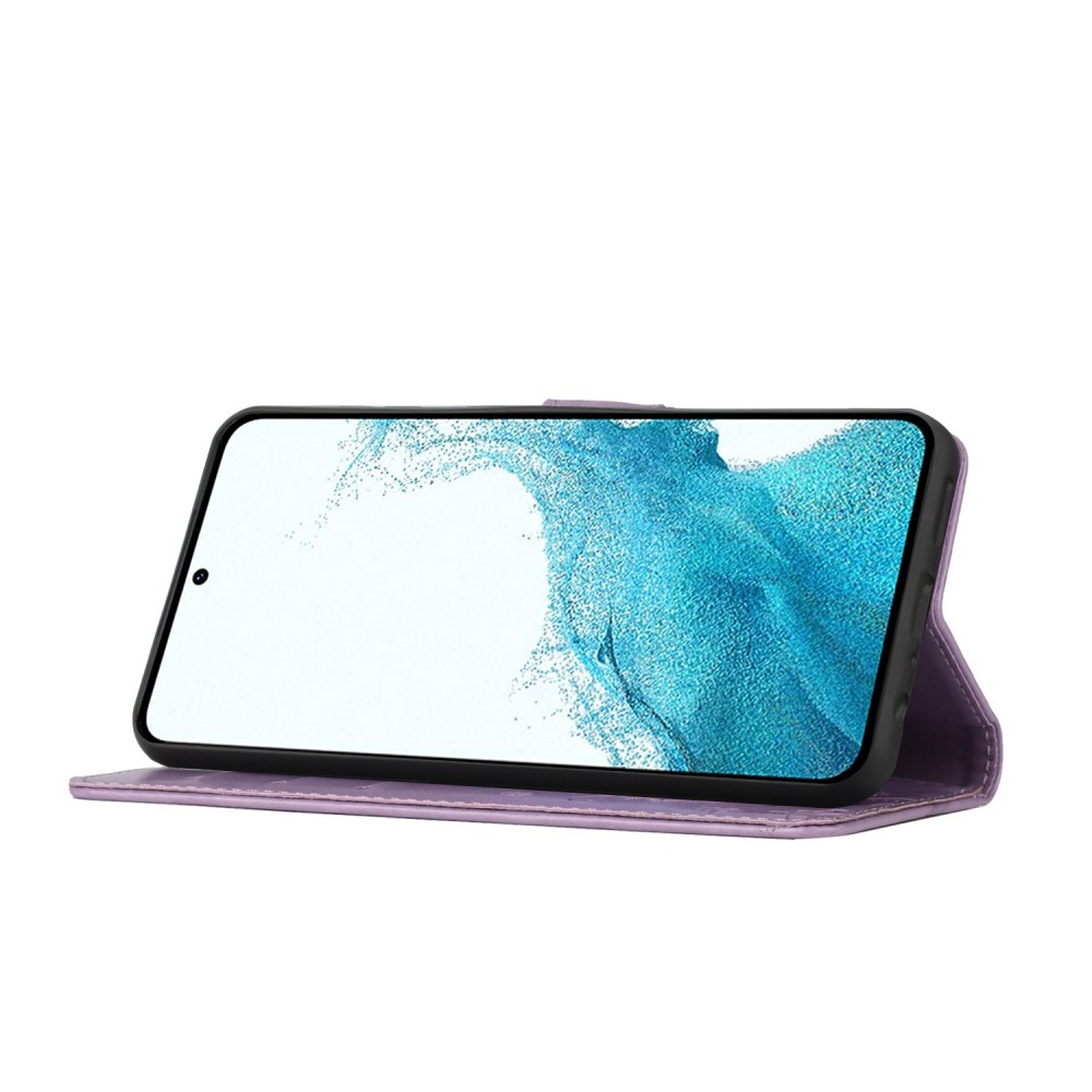 Samsung Galaxy S23 5G Leder Tasche mit Kartenfach   Handschlaufe Butterfly Flowers - Lila