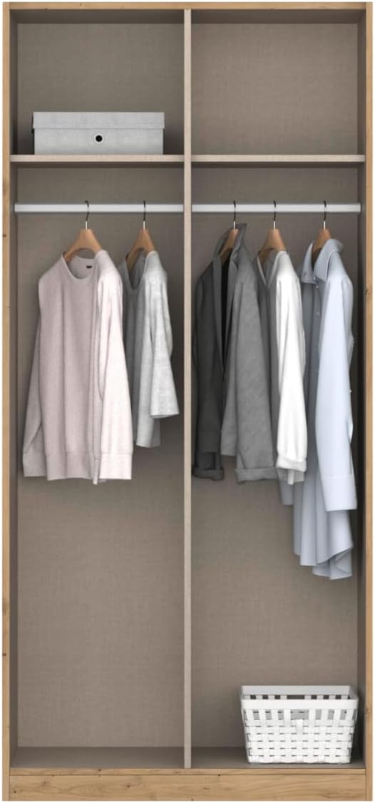 Rauch Möbel Nidda, Drehtürenschrank, Kleiderschrank weiß, Kleiderschränke, Garderobe, Schrank mit Stauraum, 2-türig, grifflos mit Push-to-Open-Funktion, Farbe Weiß-Eiche Artisan, Holz, 91x197x54cm
