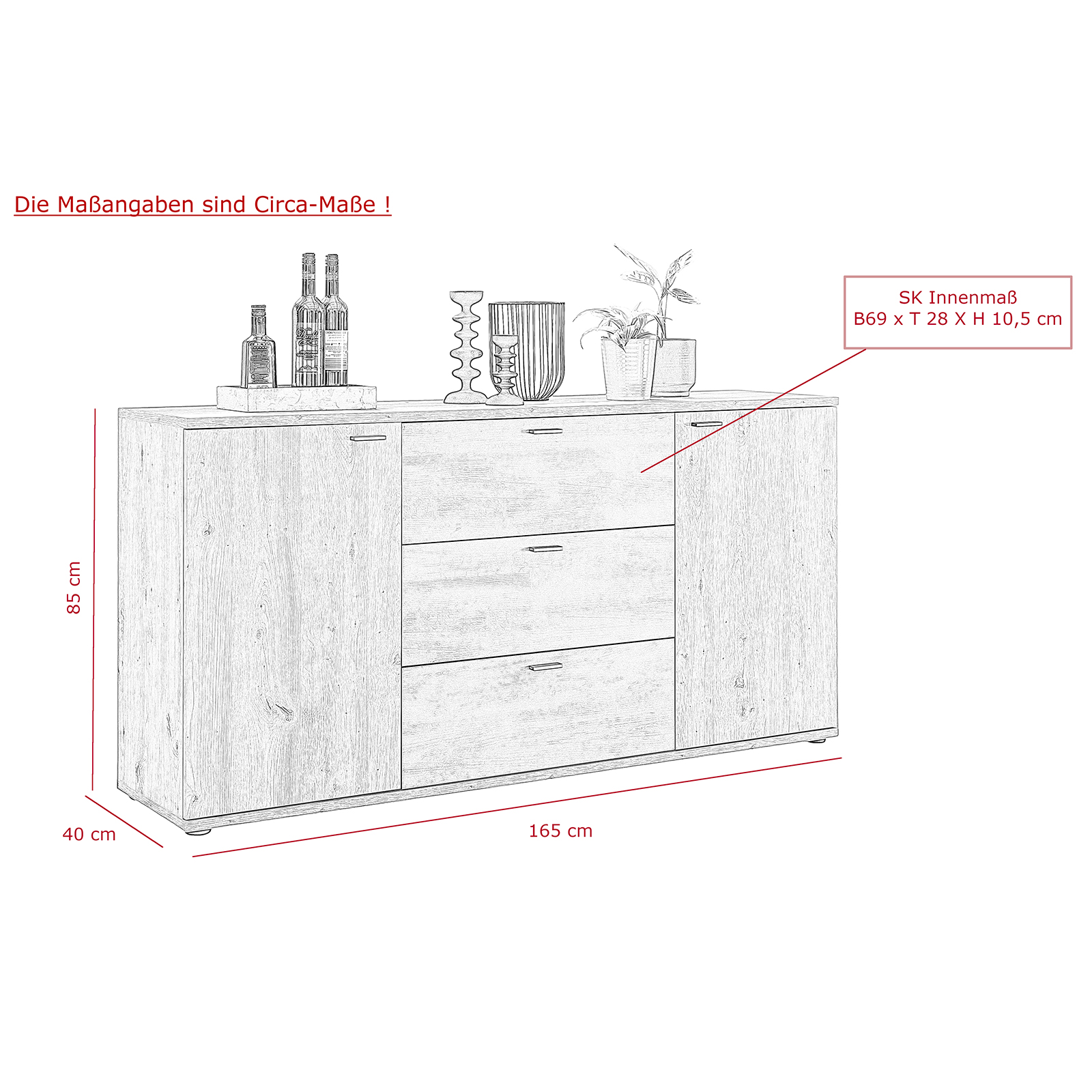 Sideboard - Artisan Eiche-Burned Wood - 165 cm breit