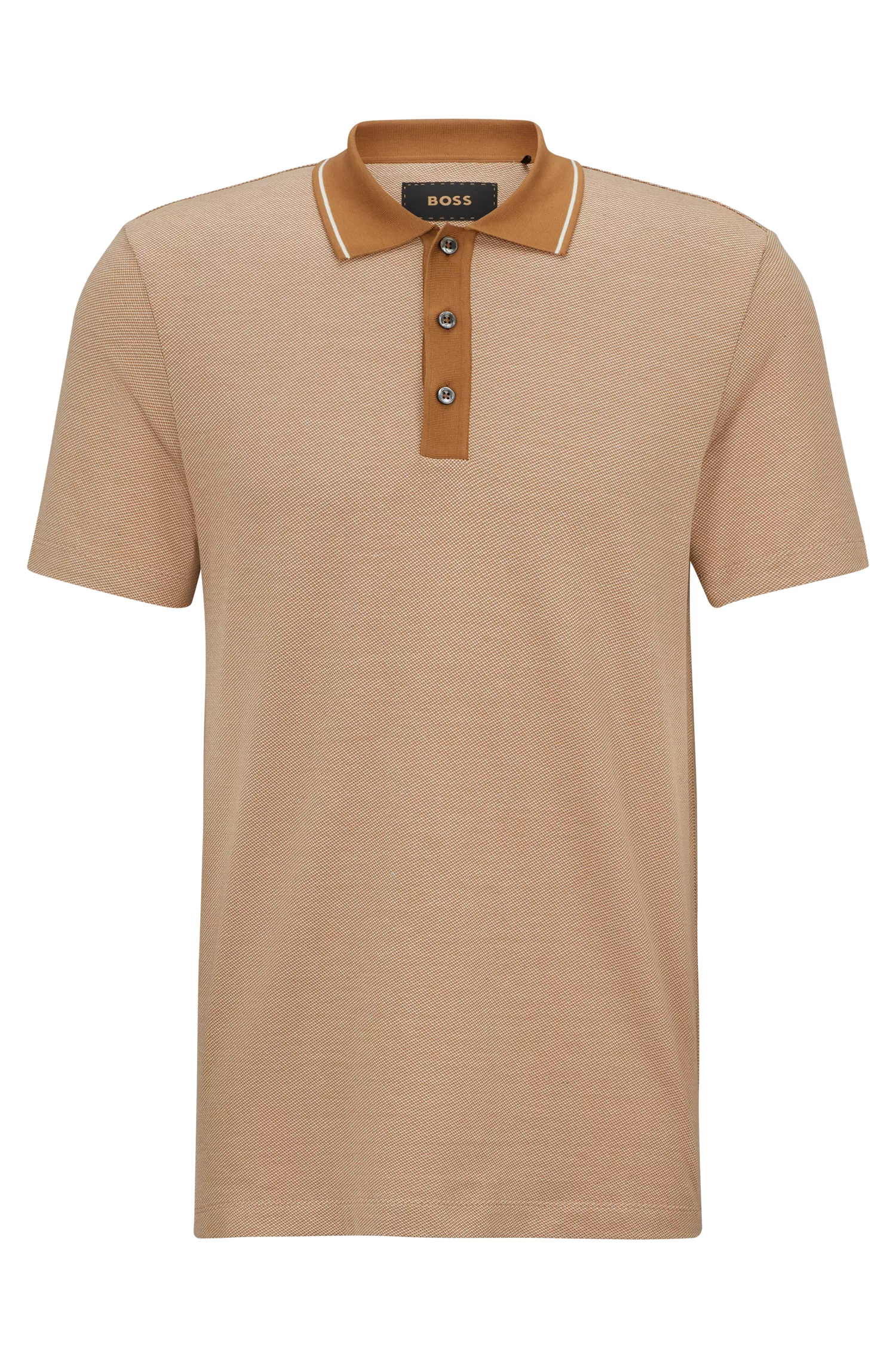 Camisa polo BOSS cor camelo, corte slim, em algodão estruturado e seda.