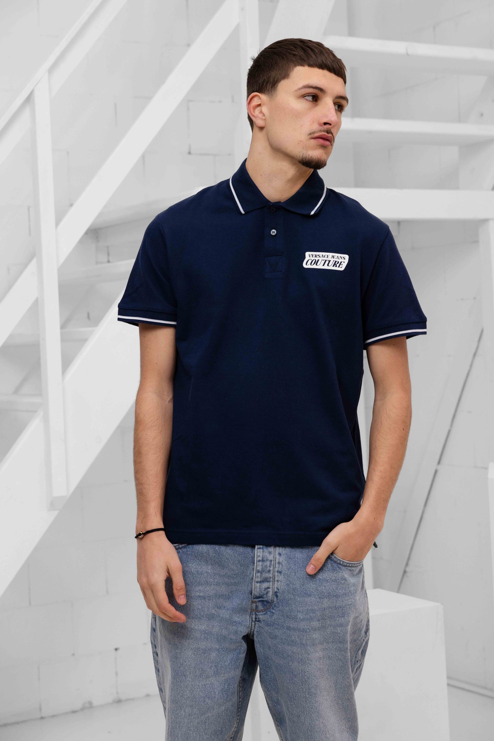Versace Jeans Couture Square Logo Print Polo Heren Donkerblauw