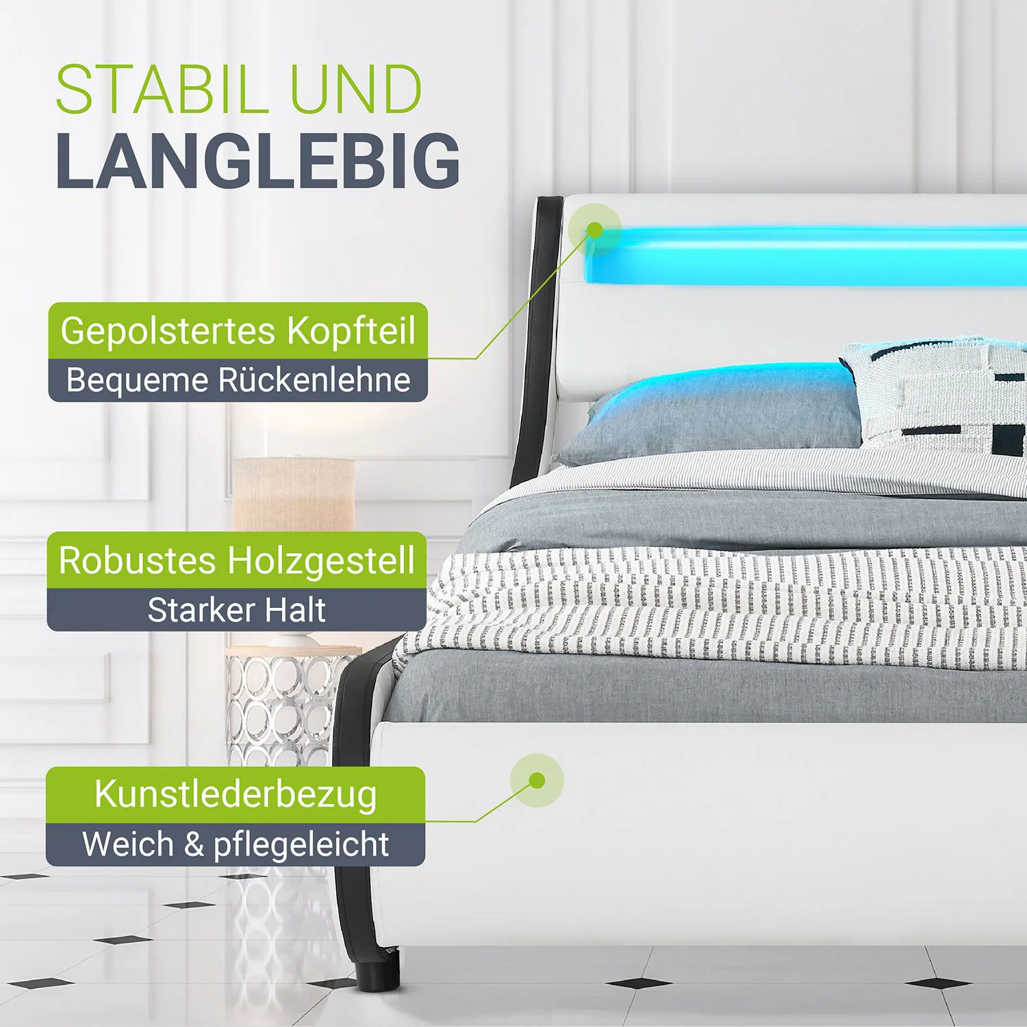 Juskys Polsterbett Bett Valencia 140 x 200 cm weiß mit Kaltschaummatratze Einzelbett mit LED