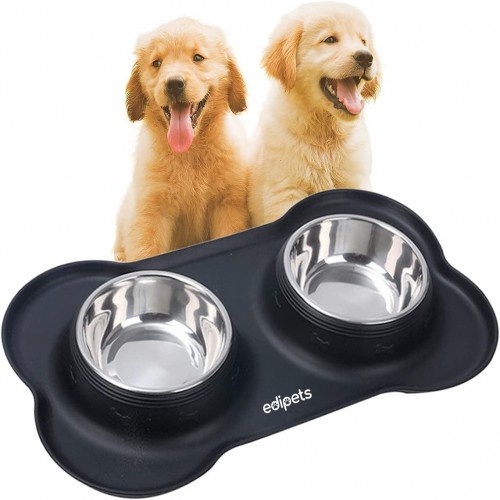 Comedouro duplo para cães Edipets em aço inoxidável com base de silicone