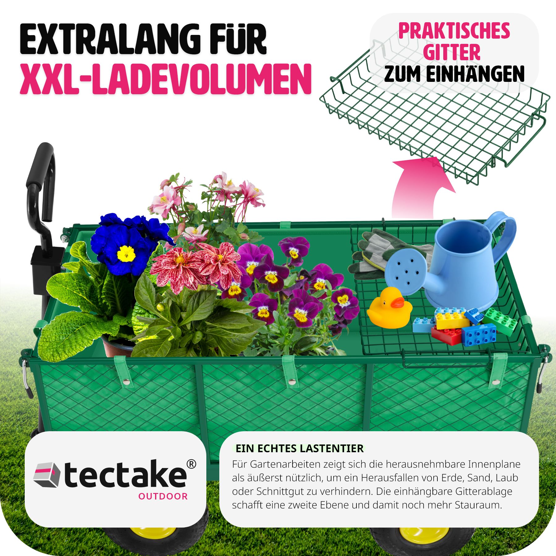 tectake® Bollerwagen, mit klappbaren Seitenwänden, leichtgängige Lenkachse mit gepolstertem Griff, Belastbarkeit 550 kg