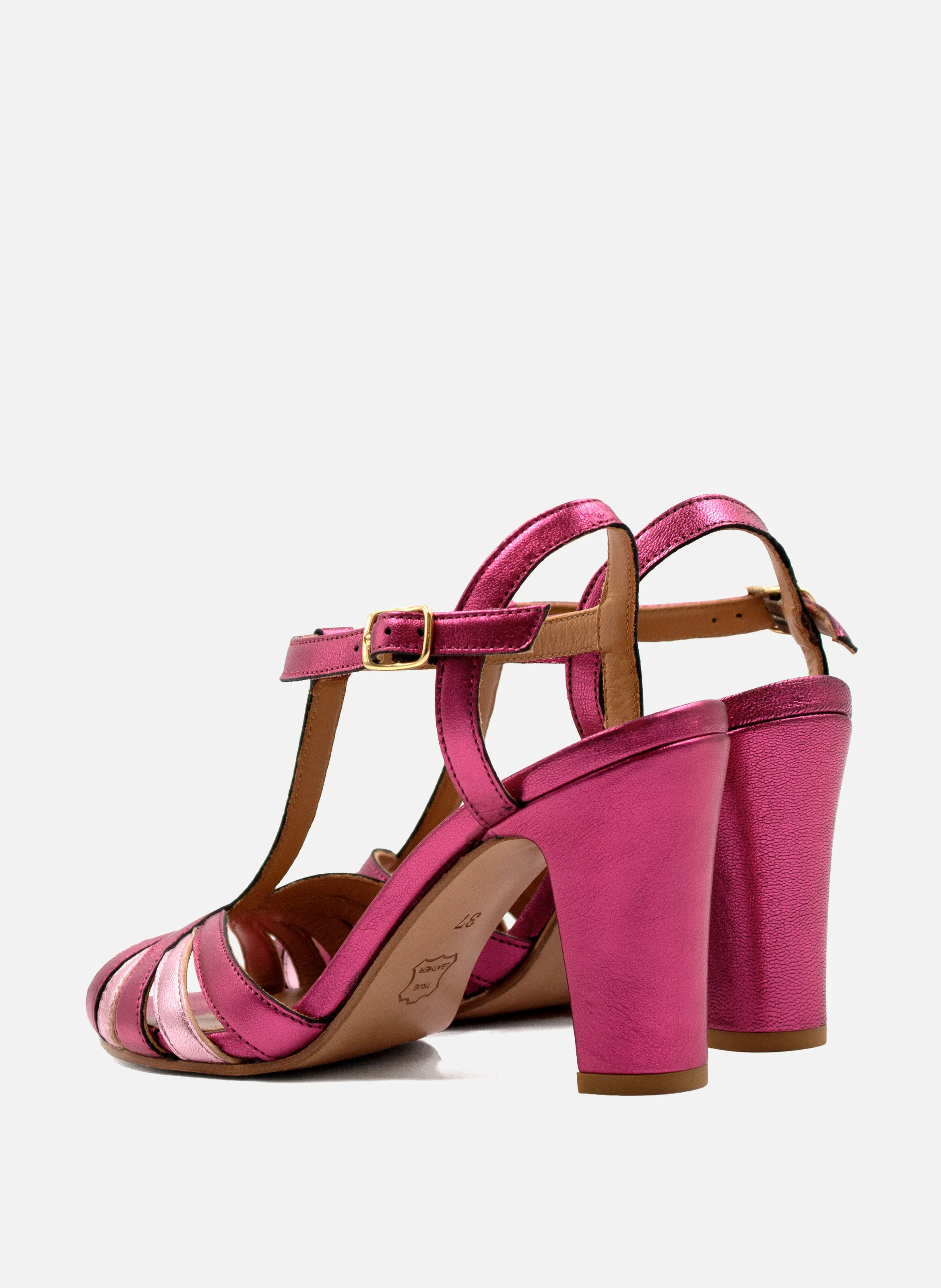 Sandales talon brides cuir métalisé | Rose