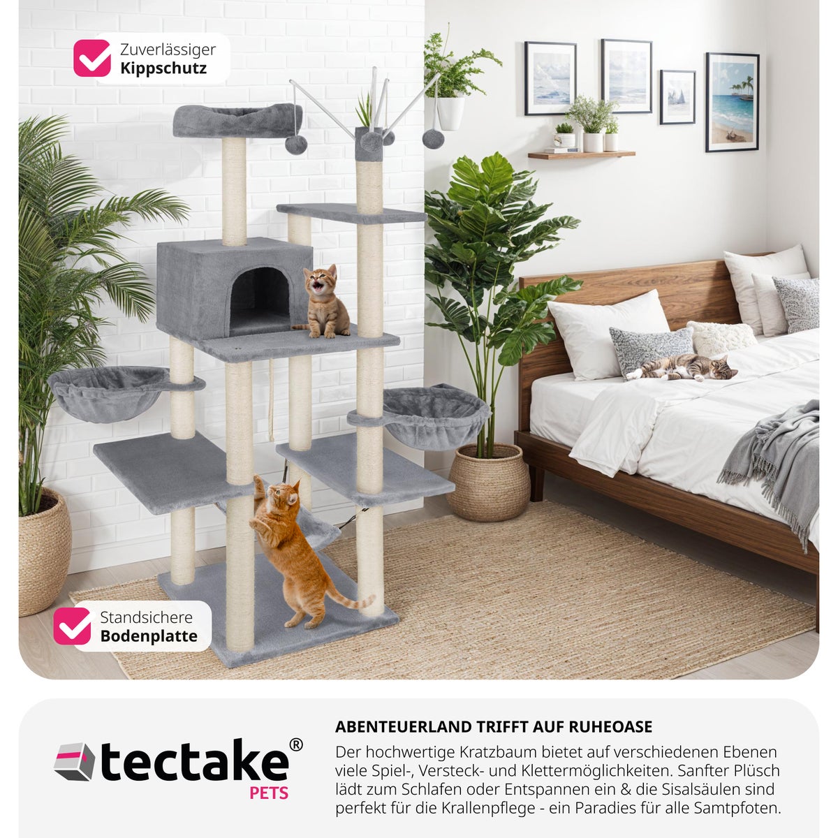 tectake kattenboom Lilou 165 cm inclusief 4 speelballen, koord en kantelbeveiliging
