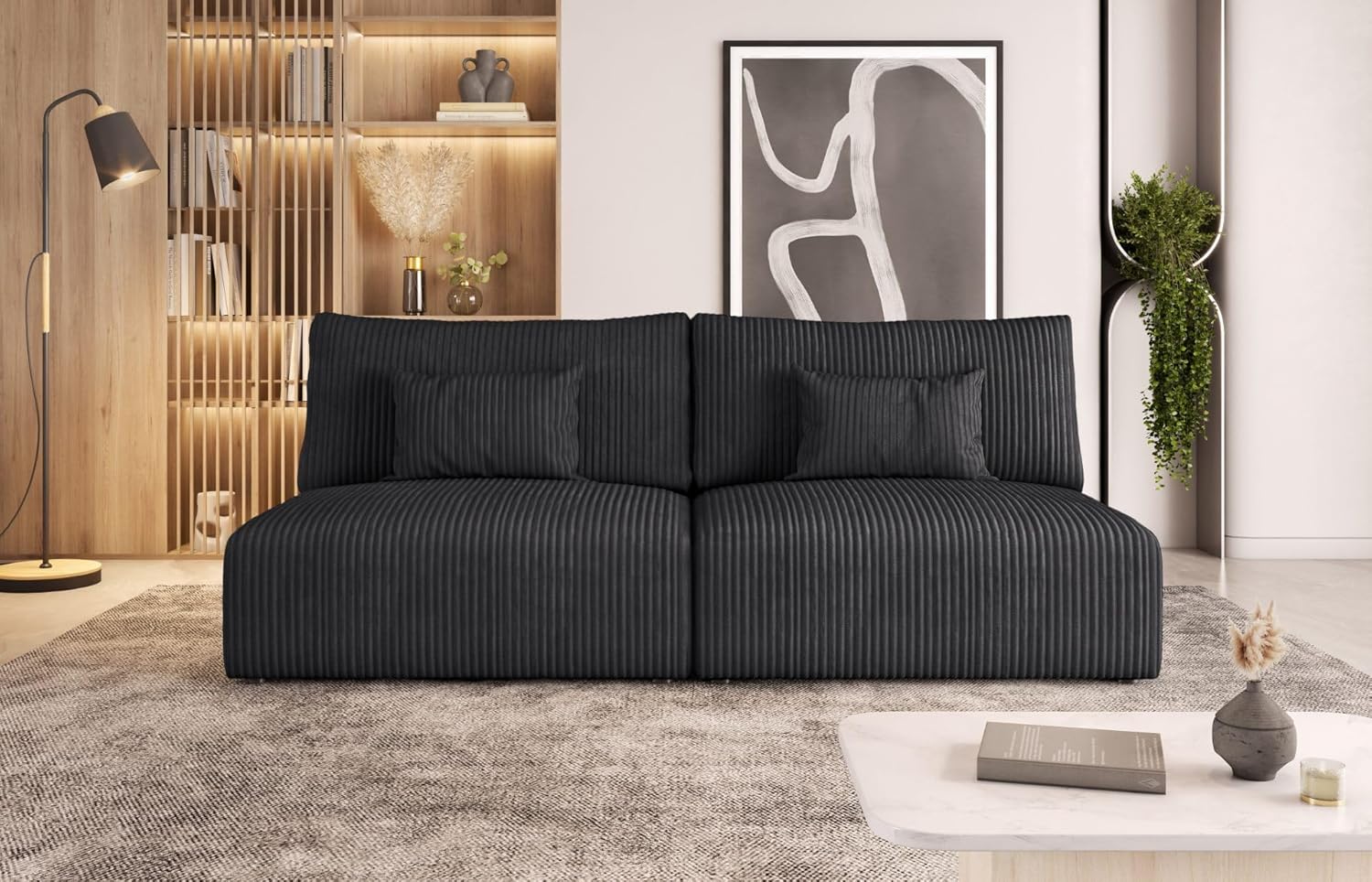 Moderno Sofa mit Schlaffunktion Modulo - Modern Cord Sofa mit 2 Sitzen und Robusten Überzug - Modular Schlafcouch - Couch mit Bettzeugcontainern - 210x80x108 cm - Graphit