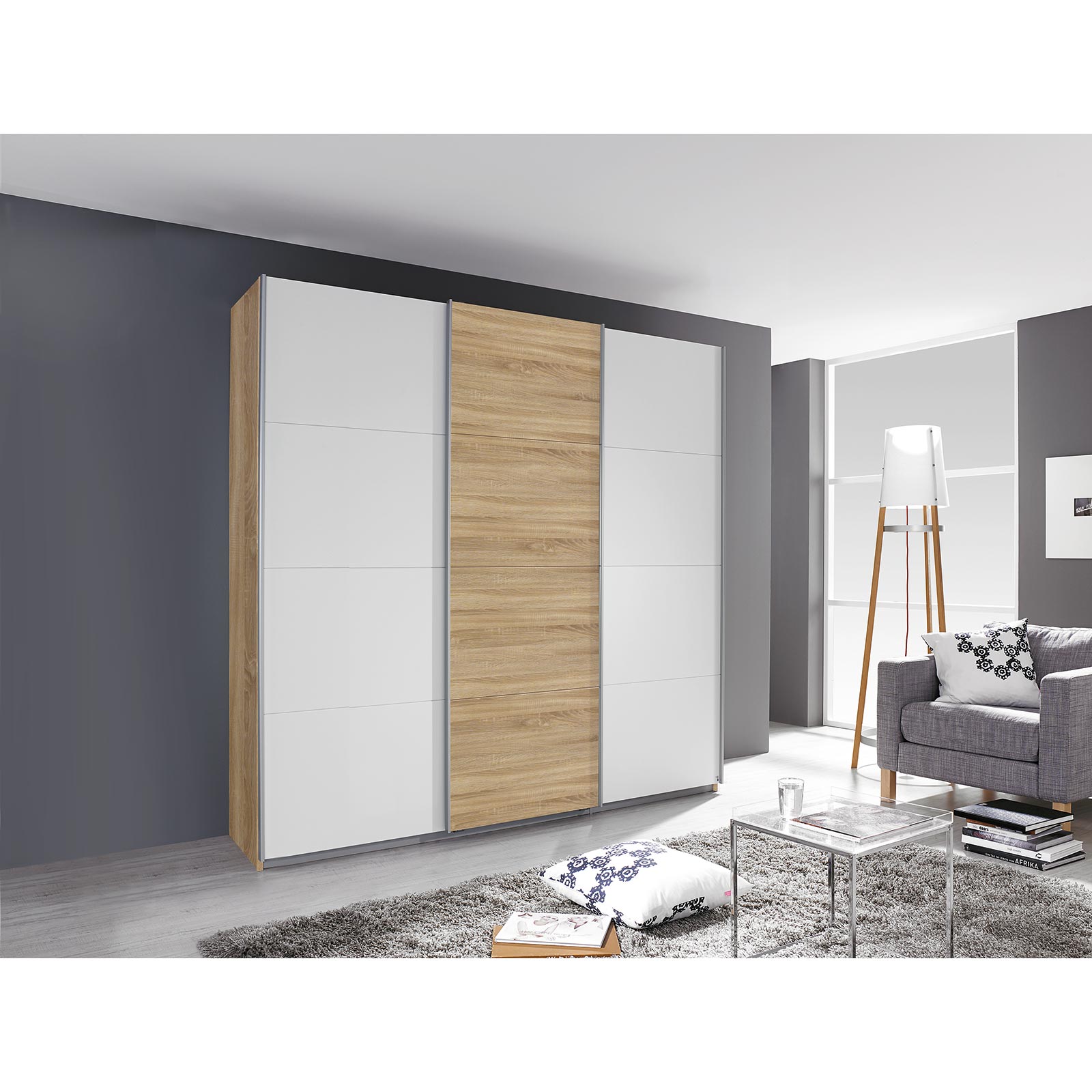 Schwebetürenschrank - alpinweiß - Eiche Sonoma - 203x210 cm