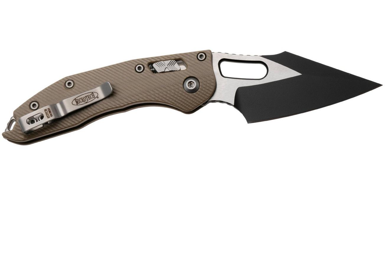 Microtech Stitch 169RL-1FLGTTA, Two Tone Black M390MK, Fluted Tan G-10 zakmes, Borka Blades design
